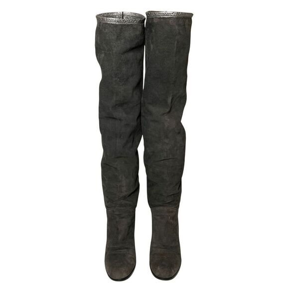 Chanel Interlocking C Grey Suede Fold Over Metallic Thigh Knee High Boots EU 38 - Picture 2 of 11